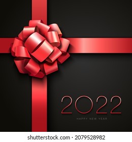 Happy New Year 2022. Black background design with realistic festive red ribbon, elegant numbers isolated white text. Mobile application. Merry Christmas.Elements for calendar and greeting cards, gift