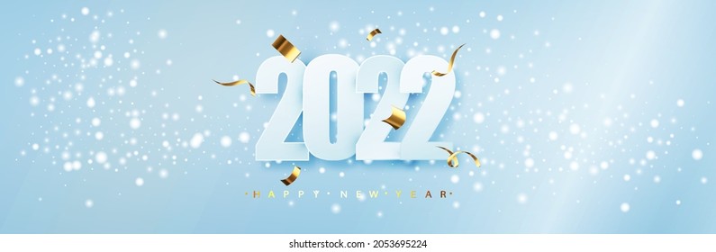 Happy New Year 2022. Blue Christmas typography design. Winter season background with falling snow. Christmas and New Year poster template. Holiday greetings.