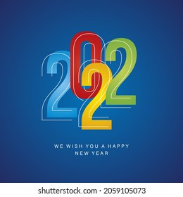 Happy New Year 2022 blue red orange green line and bold condensed design typography blue isolated background icon logo button