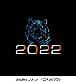 Happy New Year 2022. The year of the blue water tiger according to the lunar Eastern calendar. Creative tiger logo and number 2022 on a black background . Template for banner, poster, greeting card.