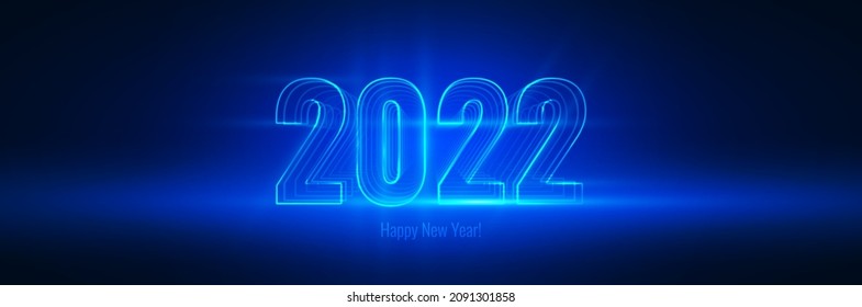 Happy New Year 2022. Blue Technology Neon 2022 Sign Number. Technology Merry Christmas Banner. Vector Illustration.