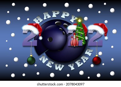 Happy new year. 2022 with bowling ball. Numbers in Christmas hats and Christmas tree ball. Original template design for greeting card. Vector illustration on isolated background