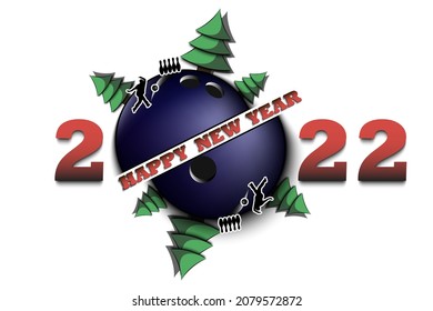 Happy new year. 2022 with bowling ball, Christmas trees and bowling player. Original template design for greeting card, banner, poster. Vector illustration on isolated background
