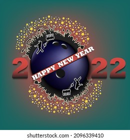 Happy new year. 2022 with bowling ball, player and fans. Original template design for greeting card, banner, poster. Vector illustration on isolated background