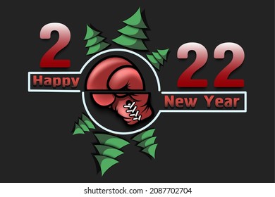 Happy new year. 2022 with boxing glove and Christmas trees. Original template design for greeting card, banner, poster. Vector illustration on isolated background