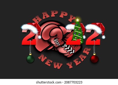 Happy new year. 2022 with boxing glove. Numbers in Christmas hats and Christmas tree balls. Original template design for greeting card. Vector illustration on isolated background