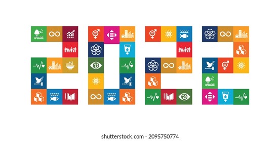 Happy New Year 2022 built with Sustainable Development colorful cubes. Corporate social responsibility awareness. Goals for action for the year 2022. New year greetings. Vector design.