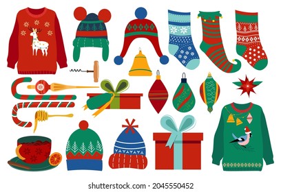 Happy New Year 2022 bundle.Hot mulled wine and warm clothing.hand drawn toys for tree, elf stocking.Clip art bundle for poster, gift card