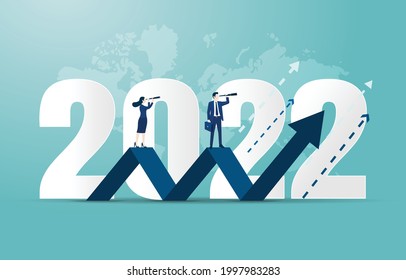 Happy new year 2022. 2022 business goals concept illustration. Business team seeking new opportunities. Leadership. Vision. Achievement. Success vector design