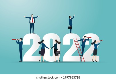 Happy new year 2022. 2022 business goals concept illustration. Business team seeking new opportunities. Leadership. Vision. Achievement. Success vector design