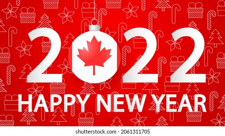 Happy New Year 2022 with Canada Flag.2022 card with Christmas ball. Vector Illustration.Horizontal 2022 posters, cards, headers, website.