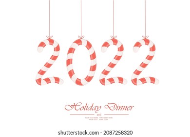 Happy New Year 2022! Candy cane in the form of numbers on strings. The numbers 2022 are made in the form of sweet striped red and white caramel. Christmas greeting card. Vector illustration