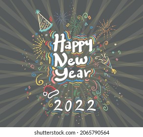 Happy new Year 2022 car Design Hand Drawn Doodle Style New Year and Christmas Colorful Decorations. Vector Greeting Card Template Black Friday Sale Advertising Colorful Neon Holiday Attractive Texture
