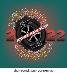 Happy new year. 2022 with car wheel, player and fans. Original template design for greeting card, banner, poster. Vector illustration on isolated background