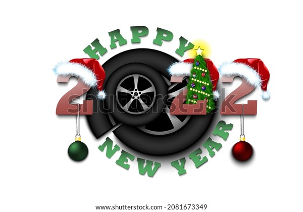 Happy new\
year. 2022 with car wheel. Numbers in Christmas hats and Christmas\
tree balls. Original template design for greeting card. Vector\
illustration on isolated\
background