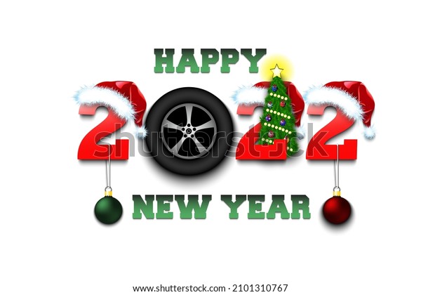 Happy new\
year. 2022 with car wheel. Numbers in Christmas hats and Christmas\
tree ball. Original template design for greeting card. Vector\
illustration on isolated\
background