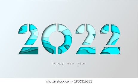 Happy new year 2022 card. Paper cut numbers with 3d vivid colors wavy shapes. Greeting and invitation cards as well as Christmas themed greetings and banners. Vector.