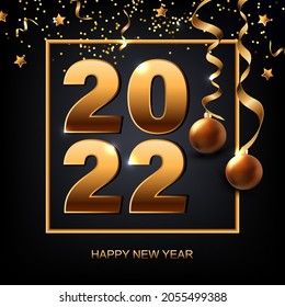 Happy New Year 2022 card with golden confetti on black background. Vector illustration