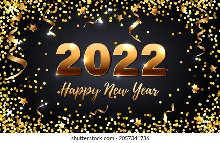 Happy New Year 2022 card with golden confetti on black background. Vector illustration.