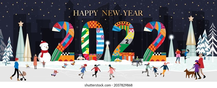 Happy New Year 2022 card,Vector Winter landscape in city with people celebrating on Chritsmas Eve.Winter wonderland in the town with happy kids playing ice skating in the city park 