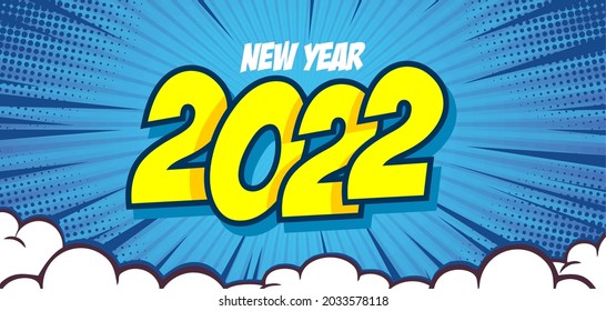 happy new year 2022 celebrate on comic burst background with cloud