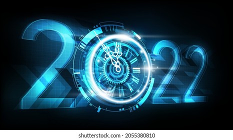 Happy New Year 2022 Celebration With Abstract Clock Perspective View On Futuristic Technology Background, Countdown Concept, Vector Illustration