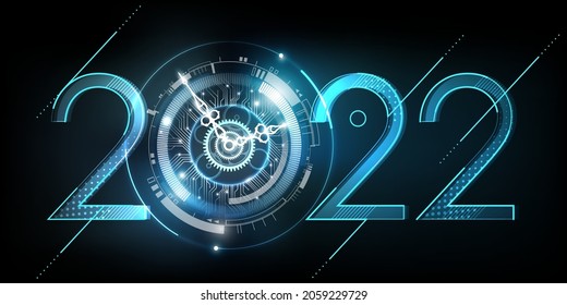 Happy New Year 2022 celebration with white light abstract clock on futuristic technology background, countdown concept, Can rotate clock hands, vector illustration