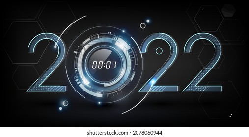 Happy New Year 2022 celebration with abstract digital clock on futuristic technology background, countdown concept, Can adjust digital number, vector illustration