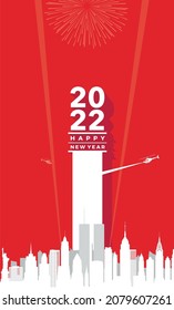 Happy New Year 2022 celebration at  Twin Towers in New York City Skyline. Merry Christmas 