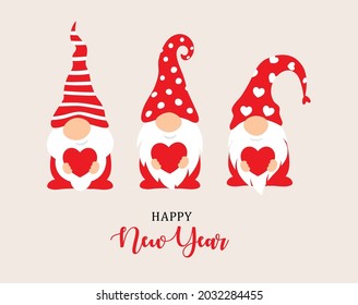 Happy New Year 2022 characters design. Garden gnomes and red heart in hand, christmass characters for decoration of xmas holidays, new year banner, calendar cover, greeting card. Vector illustration