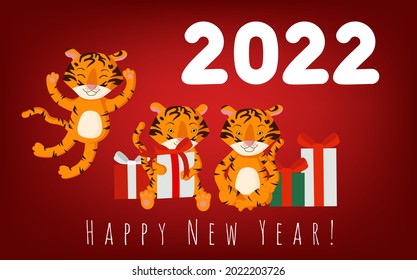 Happy New Year. 2022. Chinese symbol of the New Year 2022. Creative postcard design with tigers and gifts. Vector illustration for congratulations. New year banner on burgundy background