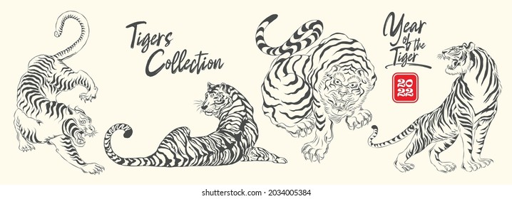 Feliz año nuevo 2022, Año nuevo chino, Año del tigre, Feliz año nuevo lunar 2022, Ilustración tigre 