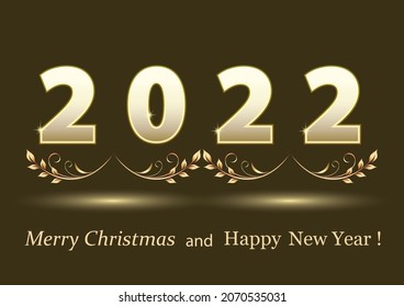 Happy New Year 2022. Christmas card, background with numbers 2022 decorated with laurel branches, on a dark background with light. Vector illustration