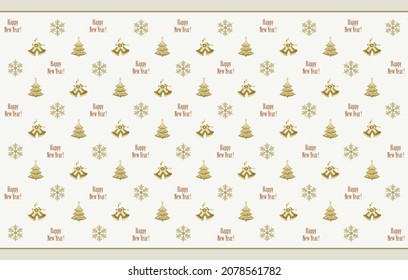 Happy New Year 2022. Christmas background with holiday symbols for greeting card, package, gift, wrapping paper,  Vector illustration