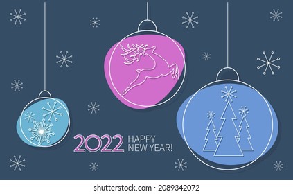 Happy New Year. 2022. Christmas balls. Winter festive template with red deer, snowflakes, spruce and congratulations on blue background. Vector illustration. 