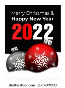 Happy new year 2022 with Christmas balls. Vector illustration on black background