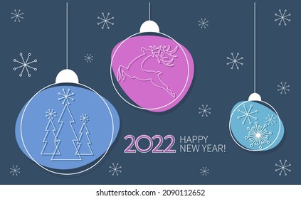 Happy New Year. 2022. Christmas balls. Winter festive template with red deer, snowflakes, spruce and congratulations on blue background. Vector illustration. 