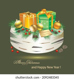 Happy New Year 2022. Christmas composition on a birch stump with gifts and New Year's decoration made of spruce branches, balls, cones, rowan berries with a light effect. Vector illustration.
