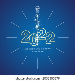 Happy New Year 2022 clock countdown with sparkle firework gold line design shining numbers blue background
