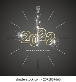 Happy New Year 2022 clock countdown with sparkle firework golden line design shining numbers black background greeting card