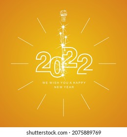 Happy New Year 2022 clock countdown with sparkle firework white line design shining numbers orange yellow background