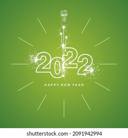 Happy New Year 2022 Uhr Countdown mit funkelnden Feuerwerk weißen Linien Design glänzen Zahlen Glück grüner Hintergrund