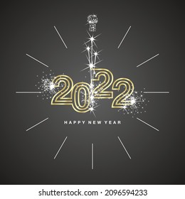 Happy New Year 2022 clock countdown with sparkle firework golden triple line design shining numbers black background