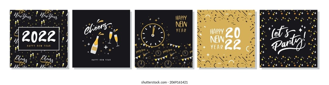 Happy New Year- 2022 . Collection of greeting background designs, New Year, social media promotional content. Vector illustration