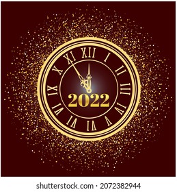 Happy new year 2022. Colored vector template for congratulations design. Stylish festive background with a clock and an inscription. Abstract backdrop.