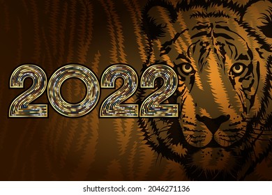 Happy New Year 2022, colorful numbers on tiger pattern background. Vector illustration for holiday design. Party poster, greeting card, banner or invitation card.