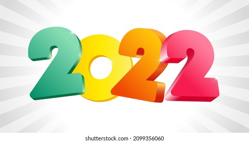 A Happy New Year 2022 colorful icon. Creative 3 D style decoration. Horizontal logotype concept. Web banner idea. White backdrop. Abstract isolated graphic design template. Decorative coloured digits 