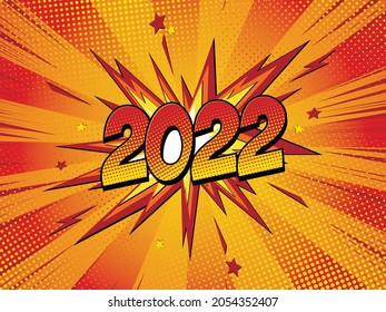 Feliz año nuevo 2022 tarjeta de saludo cómico con explosión relámpago. Ilustración del vector de dibujos animados en rojo.