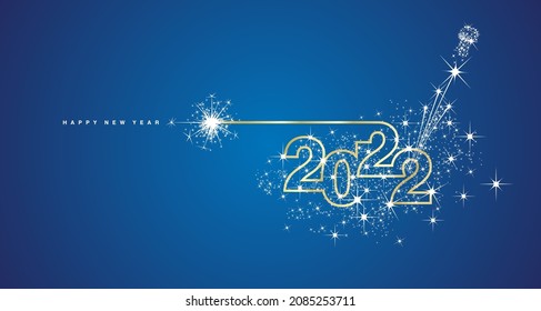 Happy New Year 2022 compact line design sparkle firework champagne open new year eve golden white blue vector wallpaper greeting card