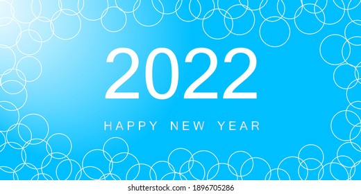 Happy New Year 2022 concept. White text 2022 for next year. And silver big HAPPY NEW YEAR text. On bright blue background. White bubble line is frame. Abstract background. Flat Art vector Illustration